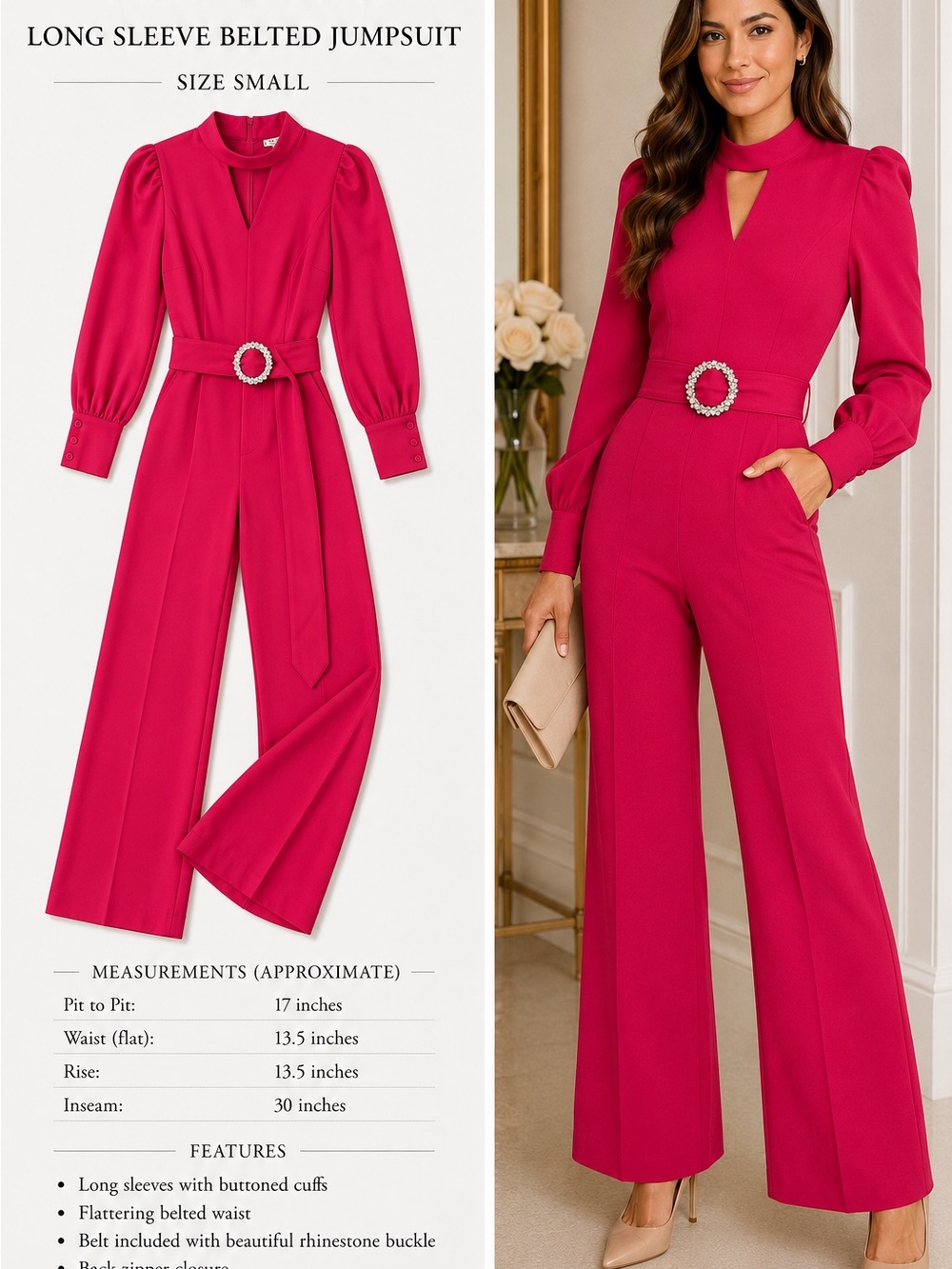 Tea n Cup Hot Pink Long Sleeve Belted Jumpsuit with Rhinestone Buckle